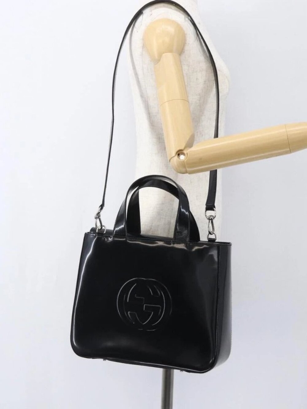 GUCCI Hand Bag Enamel 2way Black Silver 000 1013 0504 Auth ep12477